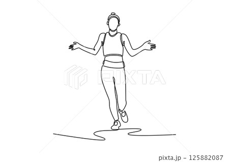 Continuous one line drawing happy teenage girl winning race and coming first to finish line at track field race. Fitness, sport and success concept. Single line draw design vector graphic illustration Continuous one line drawing happy teenage girl winning race and coming first to finish line at track field race. Fitness, sport and success concept. Single line draw design vector graphic illustration 125882087