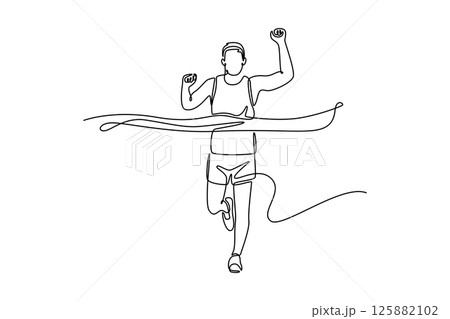 Single one line drawing male runner wins by crossing the finish line ribbon on race marathon competition. Sport and fitness motivation. Modern continuous line draw design graphic vector illustration Single one line drawing male runner wins by crossing the finish line ribbon on race marathon competition. Sport and fitness motivation. Modern continuous line draw design graphic vector illustration 125882102