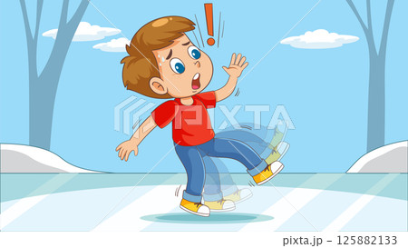 Child Slipping on Ice in Winter Scene 125882133