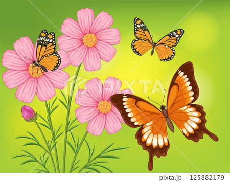 Butterflies and Pink Flowers on Green Background 125882179