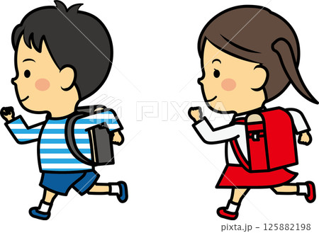 ランドセルを背負って走る小学生男女 125882198