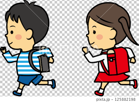 小學男孩和女孩背著書包奔跑 小學男孩和女孩背著書包奔跑 125882198