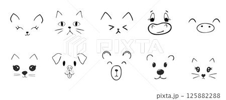 Cute animal faces, pet comic doodle with expressions. Set heads with delicious lick tongue, mouth, adorable emotions. Comic cartoon or kawaii fanny pet Cute animal faces, pet comic doodle with expressions. Set heads with delicious lick tongue, mouth, adorable emotions. Comic cartoon or kawaii fanny pet 125882288