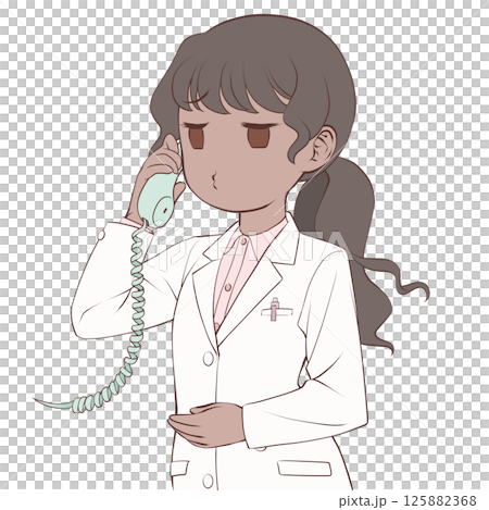 A dark-skinned female pharmacist talking on the phone, pouting A dark-skinned female pharmacist talking on the phone, pouting 125882368