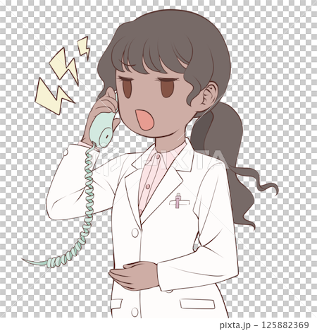A dark-skinned female pharmacist talking on the phone, angry A dark-skinned female pharmacist talking on the phone, angry 125882369