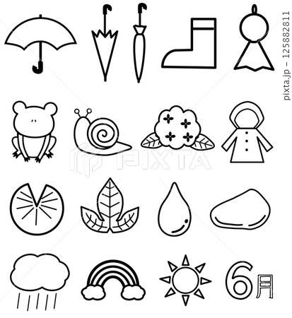 梅雨のモノクロアイコンセット(白) 梅雨のモノクロアイコンセット(白) 125882811