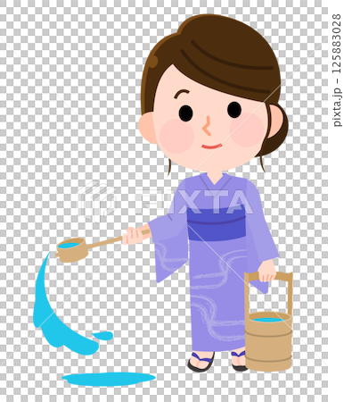 穿著浴衣的女人灑水的插圖 125883028