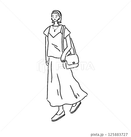 大人可愛いナチュラルコーデの女性　線画 125883727