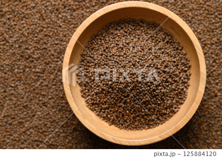 Perilla seed in wooden bowl, Food ingredient, Top view 125884120
