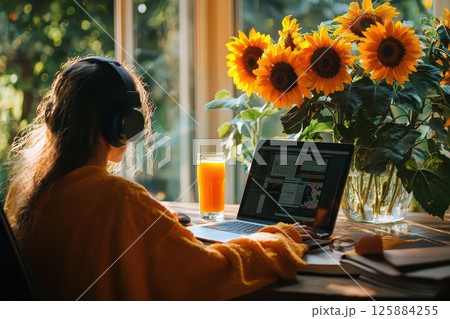 A woman is sitting at a table with a laptop and a glass of orange juice A woman is sitting at a table with a laptop and a glass of orange juice 125884255