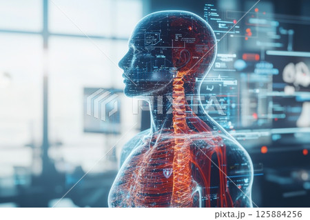 Futuristic AI Medical Interface Displaying Human Anatomy in High-Tech Environment Futuristic AI Medical Interface Displaying Human Anatomy in High-Tech Environment 125884256