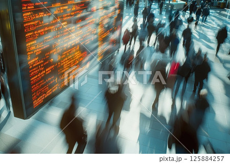 A busy train station with a large screen displaying the time and train schedules A busy train station with a large screen displaying the time and train schedules 125884257