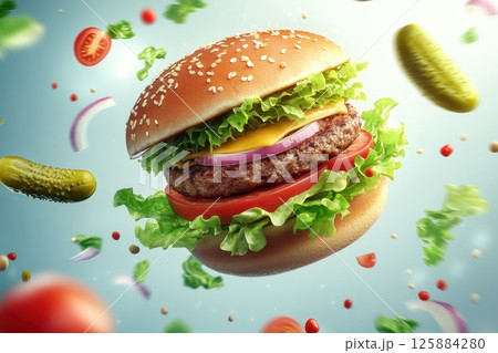A Delicious Cheeseburger with Fresh Ingredients Floating in Mid-Air Surrounded by Vegetables A Delicious Cheeseburger with Fresh Ingredients Floating in Mid-Air Surrounded by Vegetables 125884280