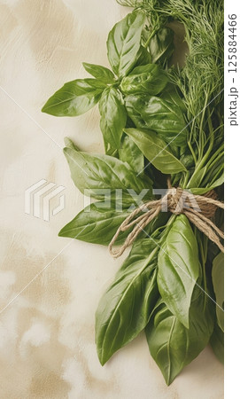 Close-up of vibrant basil, dill, and parsley bundles tied with natural twine, presented on a neutral, matte background in soft ivory tones. Vertical composition . Close-up of vibrant basil, dill, and parsley bundles tied with natural twine, presented on a neutral, matte background in soft ivory tones. Vertical composition . 125884466