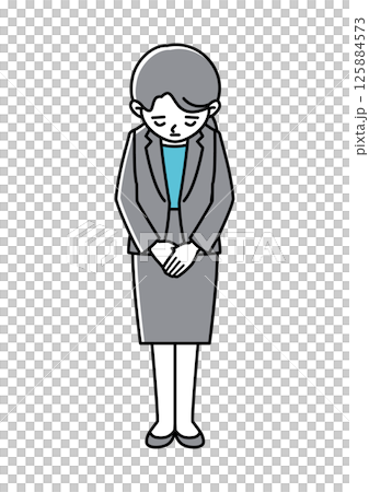 謝罪して頭を下げているスーツの女性の正面向きベクターイラスト 125884573