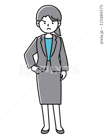手を腰に当てて反対意見をアピールするスーツの女性の正面向きベクターイラスト 手を腰に当てて反対意見をアピールするスーツの女性の正面向きベクターイラスト 125884575