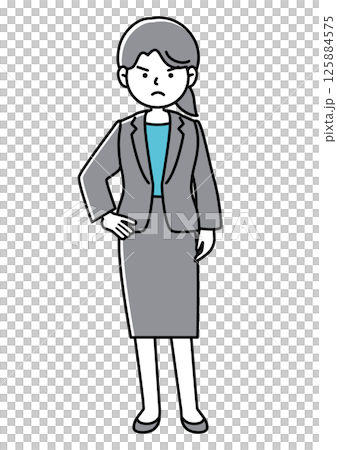 手を腰に当てて反対意見をアピールするスーツの女性の正面向きベクターイラスト 手を腰に当てて反対意見をアピールするスーツの女性の正面向きベクターイラスト 125884575