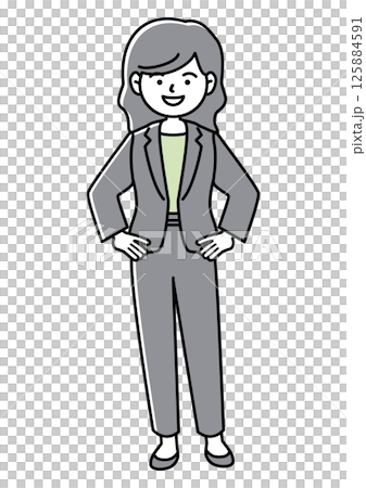 手を腰に当てて笑顔でこちらを見ているスーツの女性の正面向きベクターイラスト 125884591