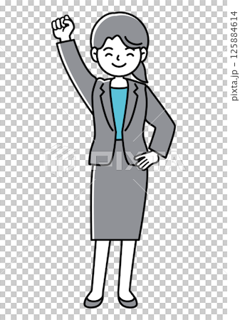 ガッツポーズをするスーツの女性の正面向きベクターイラスト 125884614