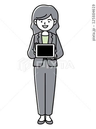 タブレット端末を持って画面を見せるスーツの女性の正面向きベクターイラスト 125884619
