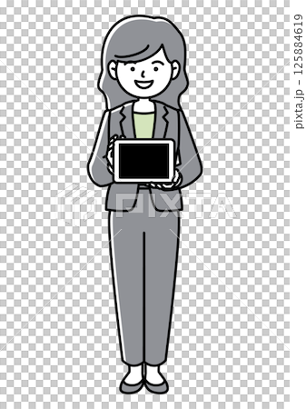 タブレット端末を持って画面を見せるスーツの女性の正面向きベクターイラスト 125884619