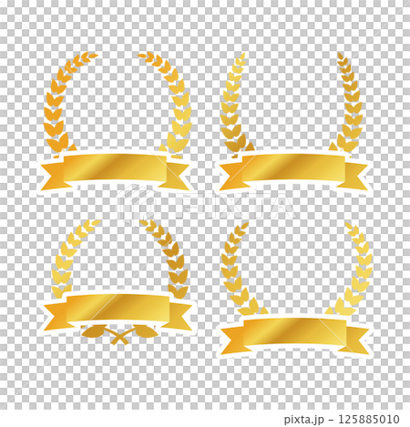 金色の月桂樹、金のエンブレム、月桂冠、リボン 125885010