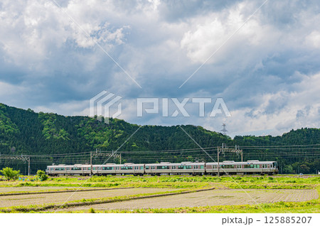余呉町の田園地帯を走る新快速電車 滋賀県長浜市 余呉町の田園地帯を走る新快速電車 滋賀県長浜市 125885207