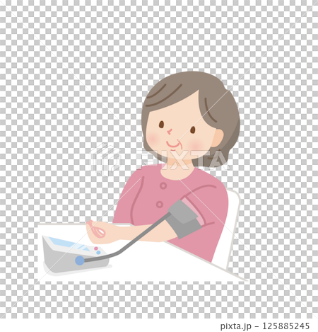 一位豐滿的中年婦女正在測量血壓 一位豐滿的中年婦女正在測量血壓 125885245