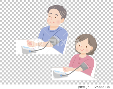 A plump middle-aged couple measuring their blood pressure 125885250