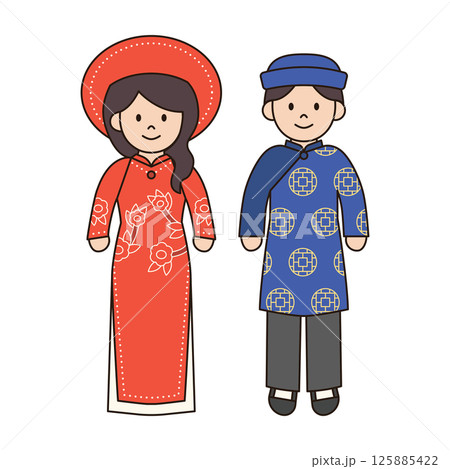 TRADITIONAL VIETNAMESE costume male and female illustration cute kawaii style cultural diversity couple clothing dress outfit around the world ethnic fashion 125885422