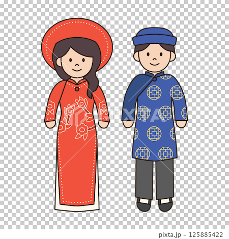 TRADITIONAL VIETNAMESE costume male and female illustration cute kawaii style cultural diversity couple clothing dress outfit around the world ethnic fashion 125885422