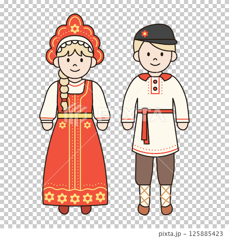 TRADITIONAL RUSSIAN costume male and female illustration cute kawaii style cultural diversity couple clothing dress outfit around the world ethnic fashion 125885423