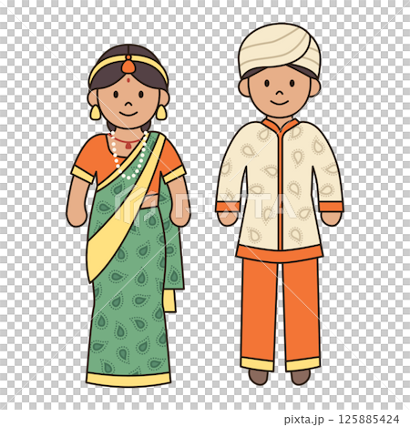 TRADITIONAL INDIAN costume male and female illustration cute kawaii style cultural diversity couple clothing dress outfit around the world ethnic fashion TRADITIONAL INDIAN costume male and female illustration cute kawaii style cultural diversity couple clothing dress outfit around the world ethnic fashion 125885424