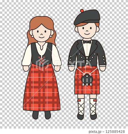 TRADITIONAL SCOTTISH costume male and female illustration cute kawaii style cultural diversity couple clothing dress outfit around the world ethnic fashion 125885428