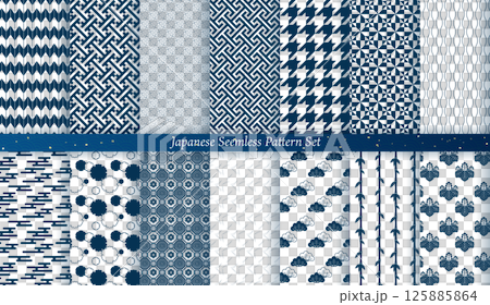 A set of 14 Japanese seamless patterns, including Yagasuri and Ekasumi, traditional Japanese background material 125885864