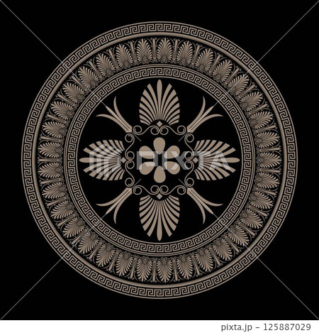 Gold Greek vector round pattern on black background. Greek key meanders ornaments. Circle of Ancient Greece,  Roman Empire. Byzantine painting pattern. Decoration for European palaces, ceramic, textil 125887029