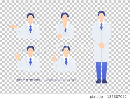 Illustrations for hospitals and clinics. A set of 5 poses of a male doctor in a white coat: OK, pointing, and pondering. 125887032