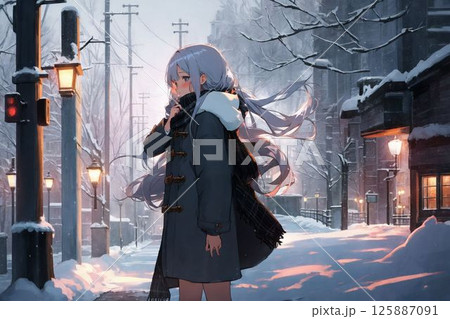 雪の中を歩く女性 125887091