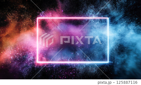 Glowing neon rectangular frame surrounded by colorful clouds of blue and pink particles on dark background for futuristic design and abstract concept. 125887116