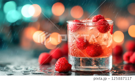 Refreshing Raspberry Cocktail with Ice in Glass on Wet Surface with Colorful Bokeh Lights and Rain Effect Refreshing Raspberry Cocktail with Ice in Glass on Wet Surface with Colorful Bokeh Lights and Rain Effect 125887117