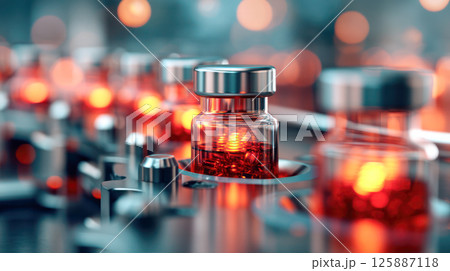 High-Tech Pharmaceutical Production Line with Vials of Glowing Liquid Medicine on Conveyor Belt in Laboratory. 125887118