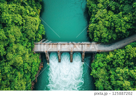 Aerial view of hydroelectric dam releasing water through gates surrounded by dense green forest for renewable energy and environmental concept. 125887202