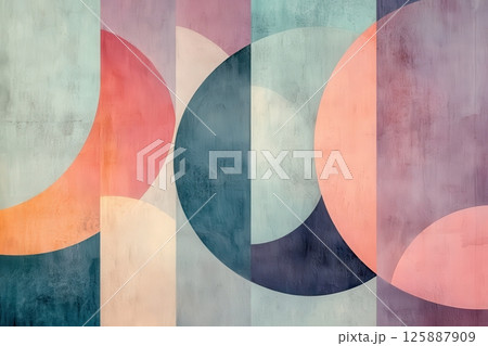 Abstract art composition featuring circular shapes modern gallery artwork indoor space close-up visual harmony 125887909