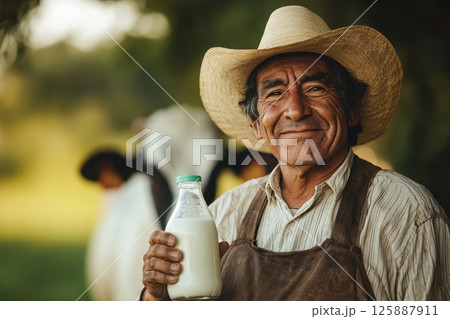 Smiling farmer holding milk bottle dairy farm...のイラスト素材 [125887911] - PIXTA