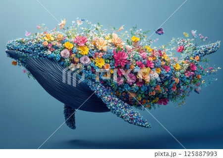 Floral-whale art installation aquatic environment creative concept vibrant colors imaginative view 125887993