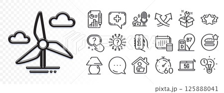 Timer, Info app and Diesel station line icons for web app. Glare of light effect. Message icon. Pack of Report document, Spanner, Account pictogram icons. Vector 125888041