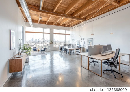 Modern office design urban cityscape interior photography bright environment wide angle professional workspace Modern office design urban cityscape interior photography bright environment wide angle professional workspace 125888069