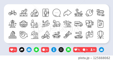 Car parking, Packing things and Rise price line icons pack. Social media: share, comment, like icons. Lighthouse, Charging time, Roller coaster web icon. Vector Car parking, Packing things and Rise price line icons pack. Social media: share, comment, like icons. Lighthouse, Charging time, Roller coaster web icon. Vector 125888082