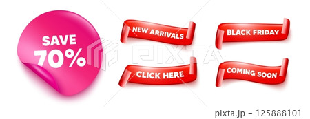 Discount sticker, offer ribbons. Black friday, coming soon. Save 70 percent off tag. Sale Discount offer price sign. Special offer symbol. Pink sticker tag. Flag ribbon banners. Vector 125888101