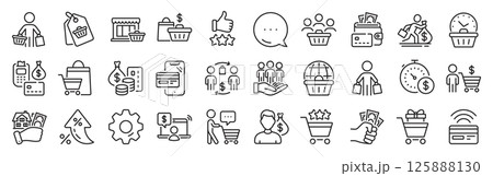 Buyer customer line icons. Settings gear, Message, Inflation icons. Contactless payment card, shopping cart and group of people. Store, buyer loyalty card, client ranking set icons. Vector 125888130